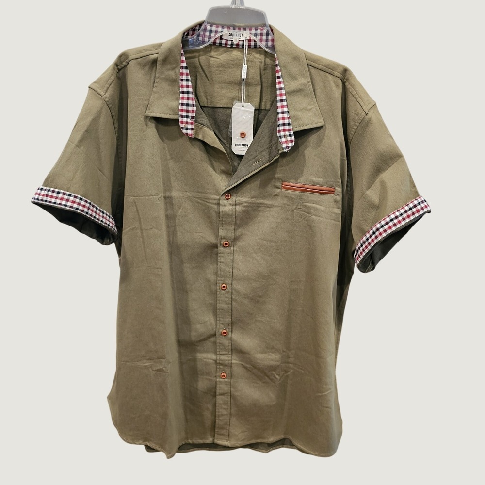 Coofandy Mens Green 3XL Button Down Short Sleeve Stretch Shirt Preppy
